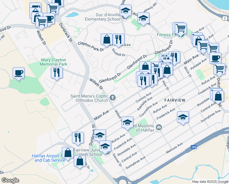 map of restaurants, bars, coffee shops, grocery stores, and more near 6 Sybyl Court in Halifax