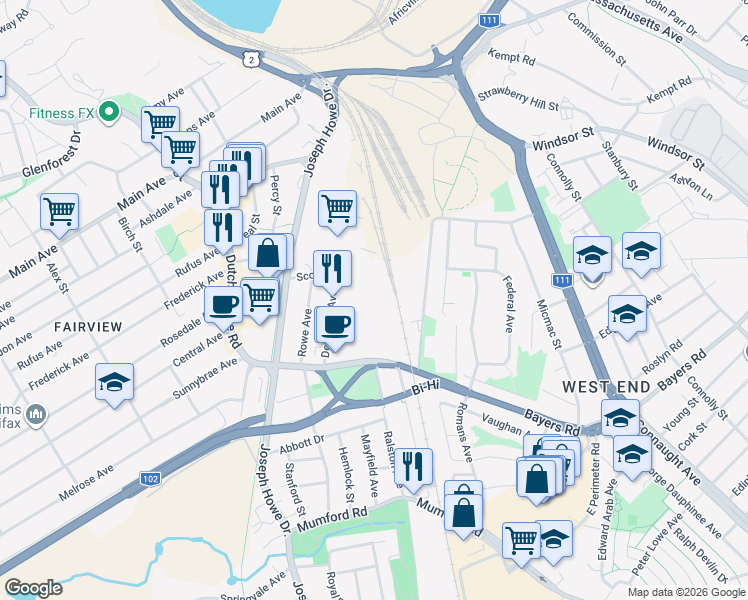 map of restaurants, bars, coffee shops, grocery stores, and more near 7071 Bayers Road in Halifax