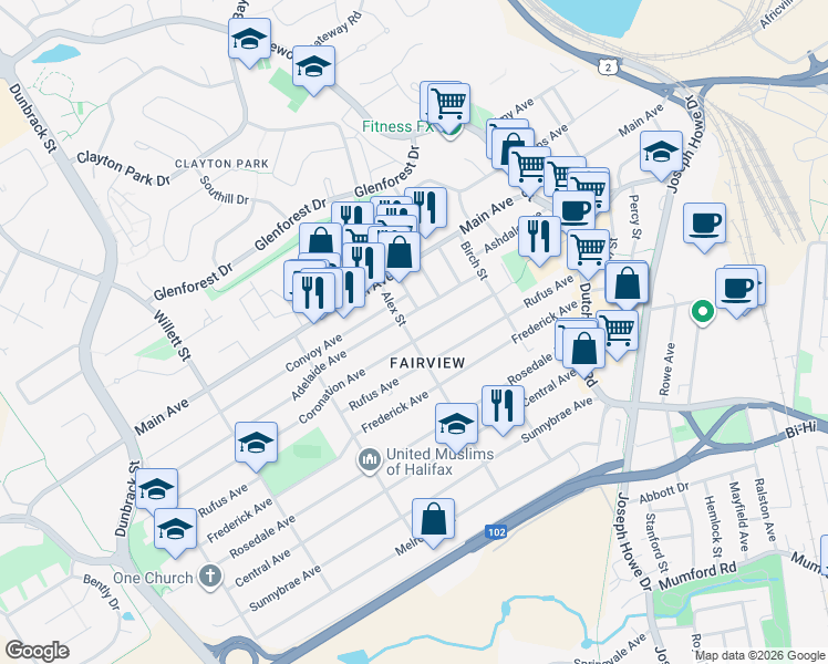 map of restaurants, bars, coffee shops, grocery stores, and more near 76 Coronation Avenue in Halifax