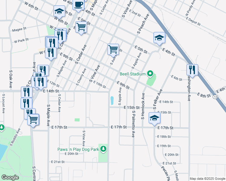 map of restaurants, bars, coffee shops, grocery stores, and more near 1005 South Peach Avenue in Marshfield