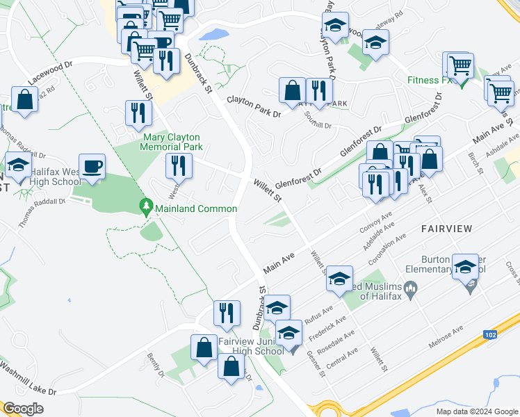 map of restaurants, bars, coffee shops, grocery stores, and more near 15 Simcoe Place in Halifax