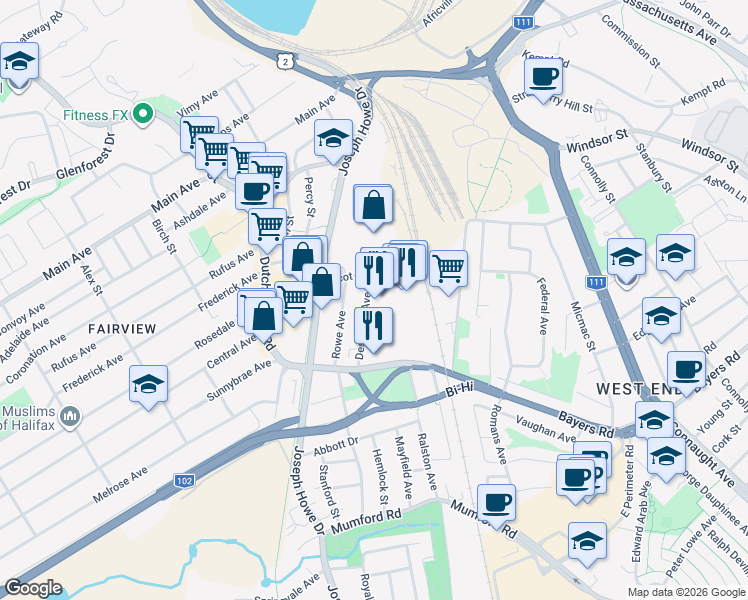 map of restaurants, bars, coffee shops, grocery stores, and more near 7071 Bayers Road in Halifax