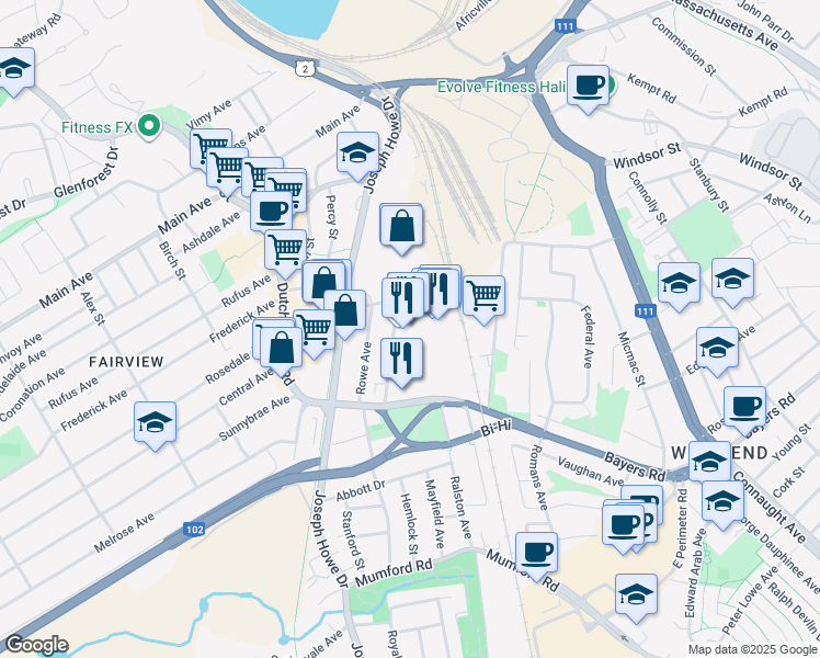 map of restaurants, bars, coffee shops, grocery stores, and more near 7071 Bayers Road in Halifax