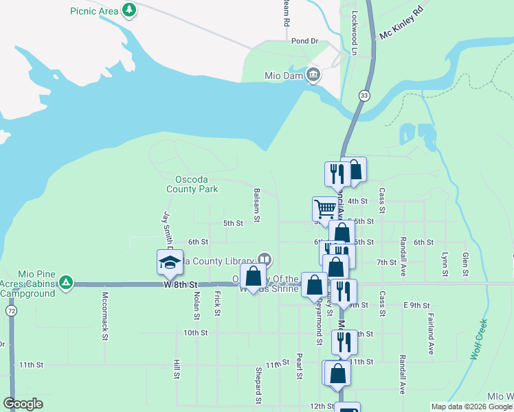 map of restaurants, bars, coffee shops, grocery stores, and more near Balsam Street in Mio