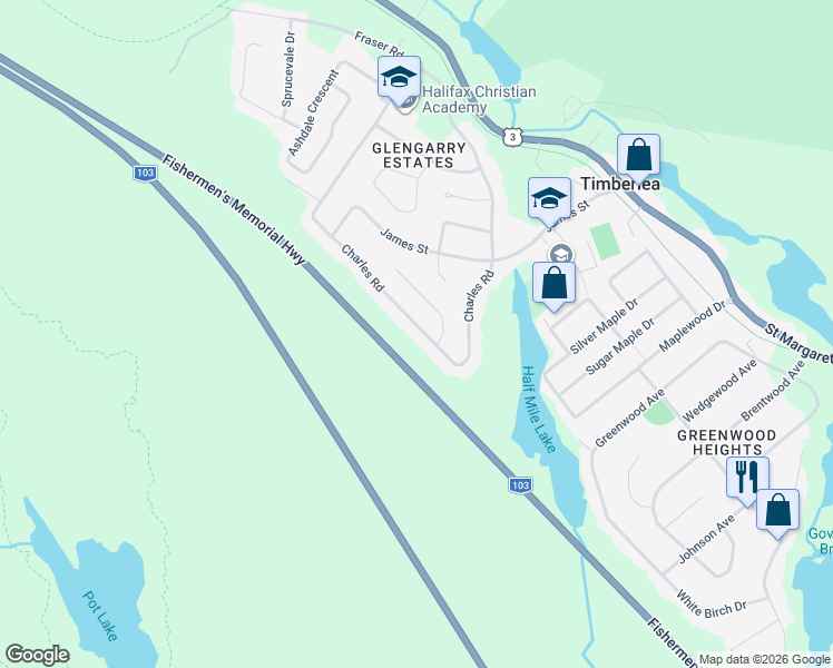 map of restaurants, bars, coffee shops, grocery stores, and more near 239 Charles Road in Timberlea
