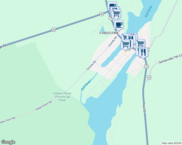 map of restaurants, bars, coffee shops, grocery stores, and more near 62 Grandy Road in Kawartha Lakes