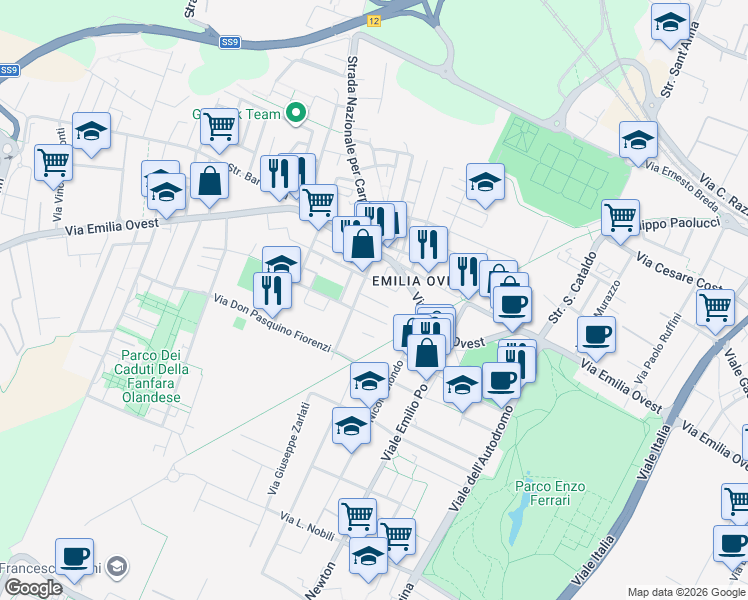 map of restaurants, bars, coffee shops, grocery stores, and more near 1-19 Via Marco Polo in Modena