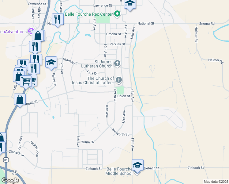 map of restaurants, bars, coffee shops, grocery stores, and more near 1098 Summit St in Belle Fourche