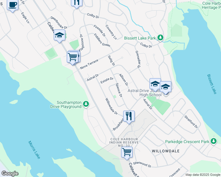 map of restaurants, bars, coffee shops, grocery stores, and more near 71 Cedar Crescent in Dartmouth