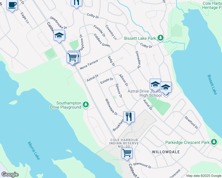 map of restaurants, bars, coffee shops, grocery stores, and more near 71 Cedar Crescent in Dartmouth