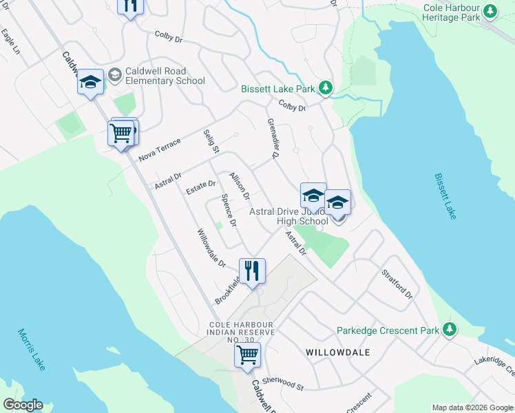 map of restaurants, bars, coffee shops, grocery stores, and more near 62 Allison Drive in Dartmouth