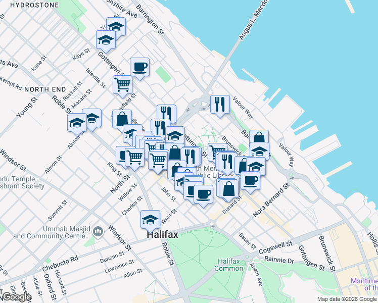 map of restaurants, bars, coffee shops, grocery stores, and more near 5526 Charles Street in Halifax