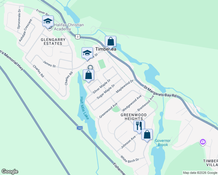 map of restaurants, bars, coffee shops, grocery stores, and more near 62 Sugar Maple Drive in Timberlea