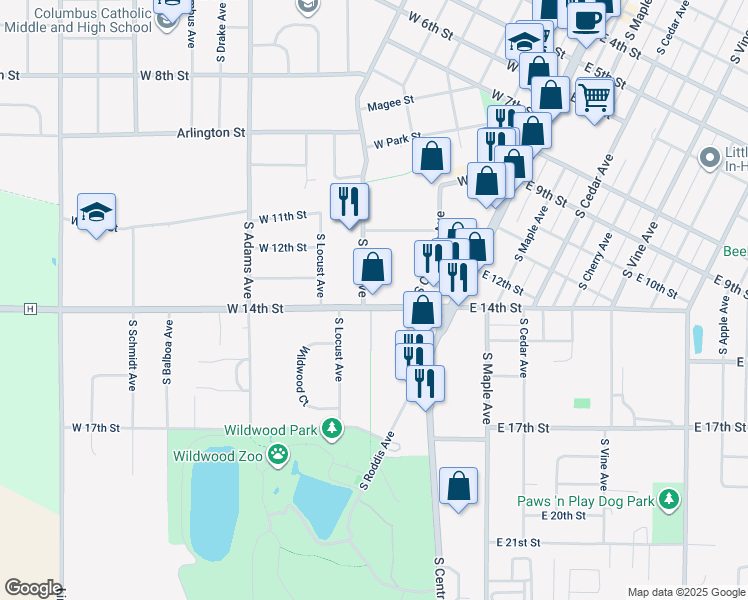 map of restaurants, bars, coffee shops, grocery stores, and more near 217 West 14th Street in Marshfield