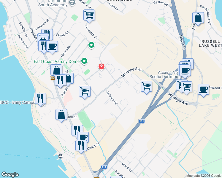 map of restaurants, bars, coffee shops, grocery stores, and more near 24 Mount Hope Avenue in Dartmouth