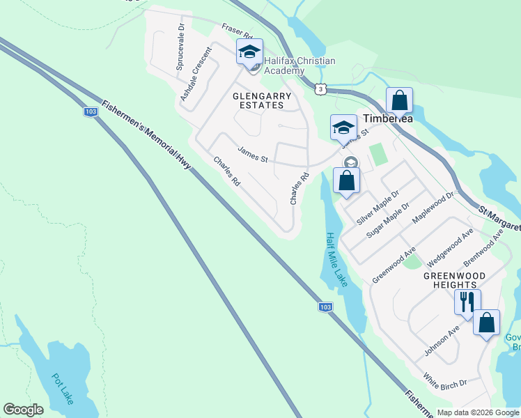 map of restaurants, bars, coffee shops, grocery stores, and more near 239 Charles Road in Timberlea