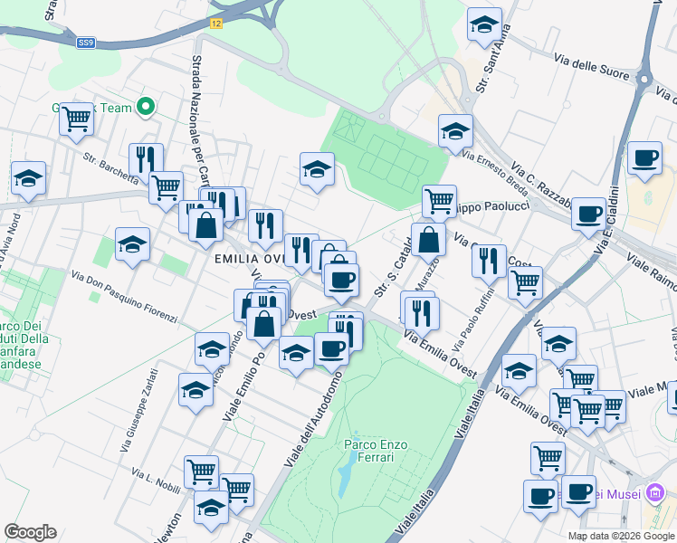 map of restaurants, bars, coffee shops, grocery stores, and more near 135 Via Tabacchi in Modena