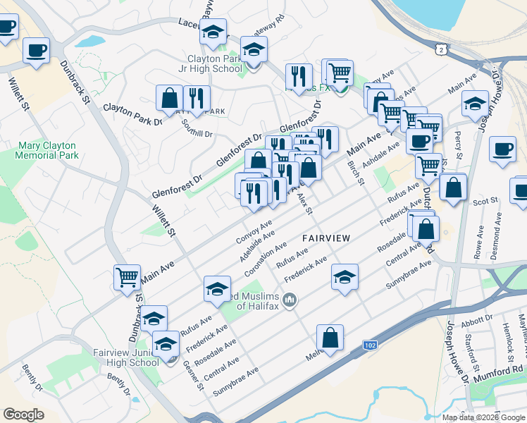 map of restaurants, bars, coffee shops, grocery stores, and more near 164 Main Avenue in Halifax