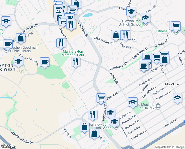 map of restaurants, bars, coffee shops, grocery stores, and more near 214 Willett Street in Halifax
