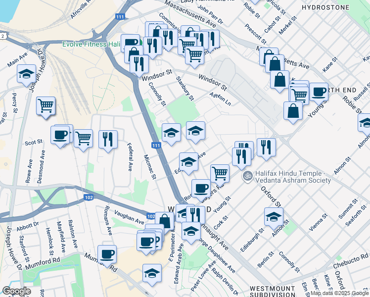 map of restaurants, bars, coffee shops, grocery stores, and more near 6501 Chester Avenue in Halifax