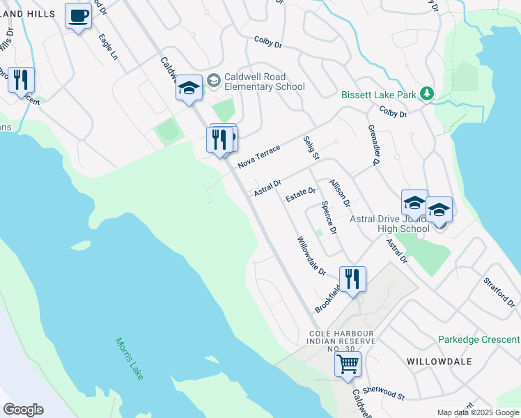 map of restaurants, bars, coffee shops, grocery stores, and more near 426 Caldwell Road in Dartmouth