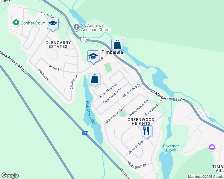 map of restaurants, bars, coffee shops, grocery stores, and more near 91 Silver Maple Drive in Timberlea