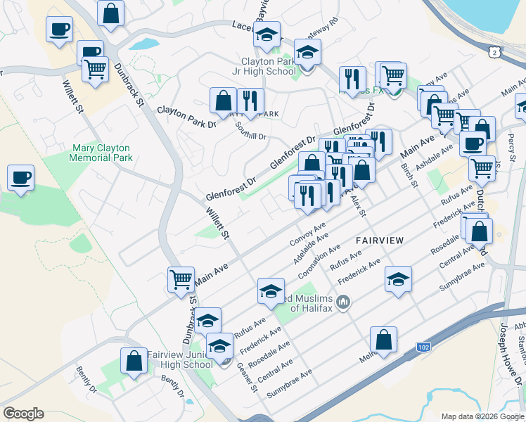 map of restaurants, bars, coffee shops, grocery stores, and more near 23 Shamrock Drive in Halifax
