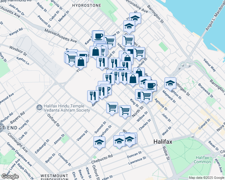 map of restaurants, bars, coffee shops, grocery stores, and more near 6088 Almon Street in Halifax