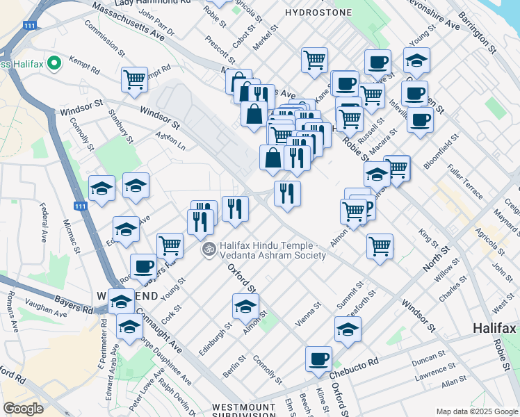 map of restaurants, bars, coffee shops, grocery stores, and more near 6286 Bayers Road in Halifax