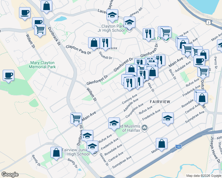 map of restaurants, bars, coffee shops, grocery stores, and more near 23 Shamrock Drive in Halifax