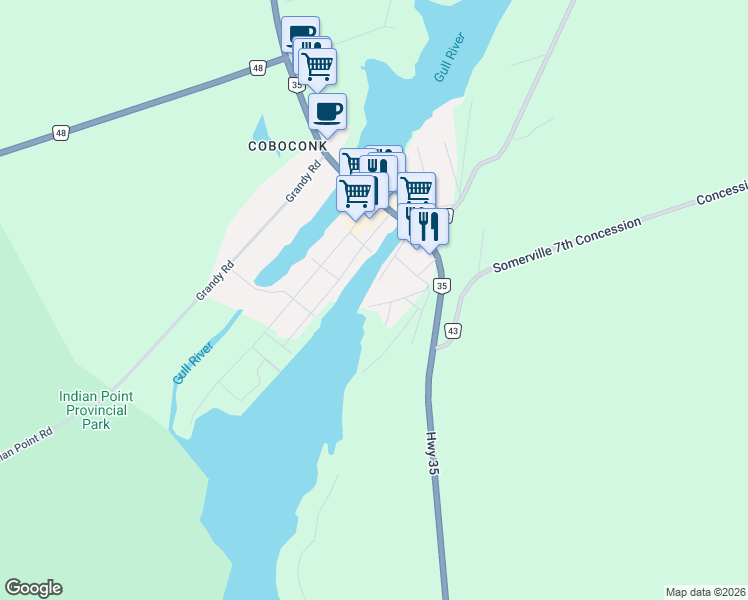 map of restaurants, bars, coffee shops, grocery stores, and more near 27 South Water Street in Kawartha Lakes