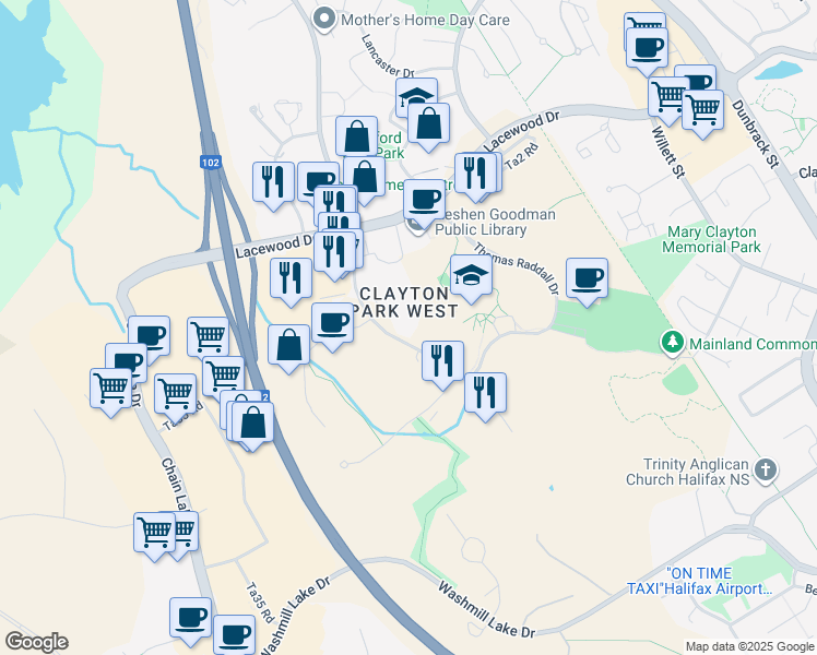 map of restaurants, bars, coffee shops, grocery stores, and more near 114 Regency Park Drive in Halifax