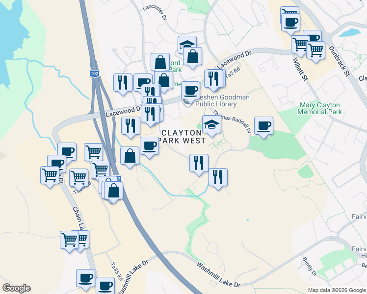 map of restaurants, bars, coffee shops, grocery stores, and more near 114 Regency Park Drive in Halifax