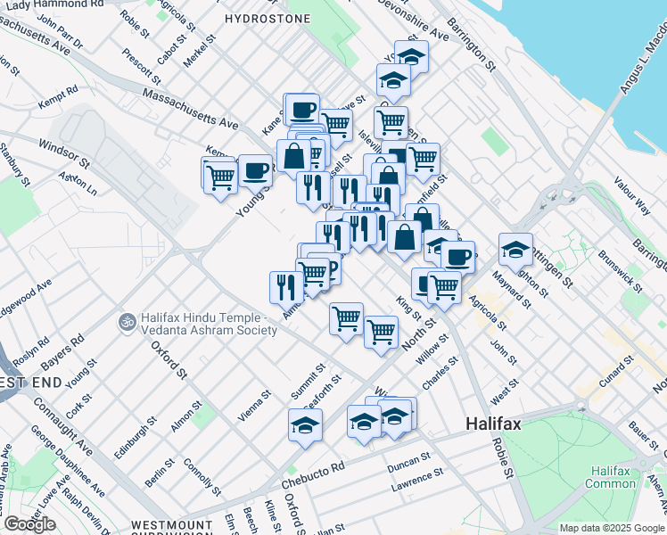 map of restaurants, bars, coffee shops, grocery stores, and more near 6088 Almon Street in Halifax