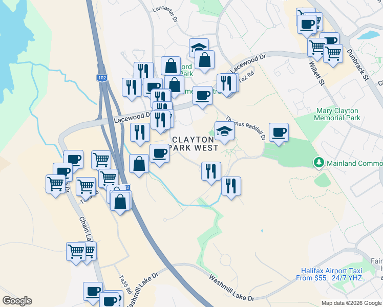 map of restaurants, bars, coffee shops, grocery stores, and more near 114 Regency Park Drive in Halifax