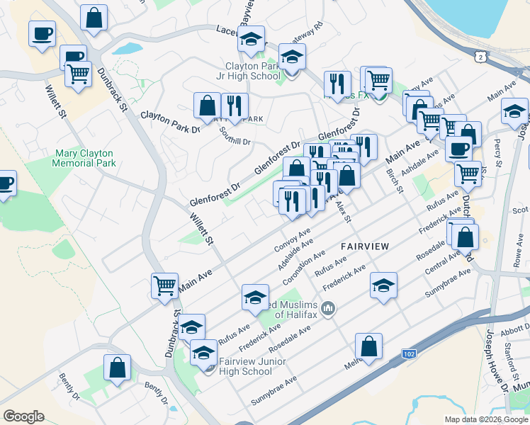 map of restaurants, bars, coffee shops, grocery stores, and more near 28 General Avenue in Halifax
