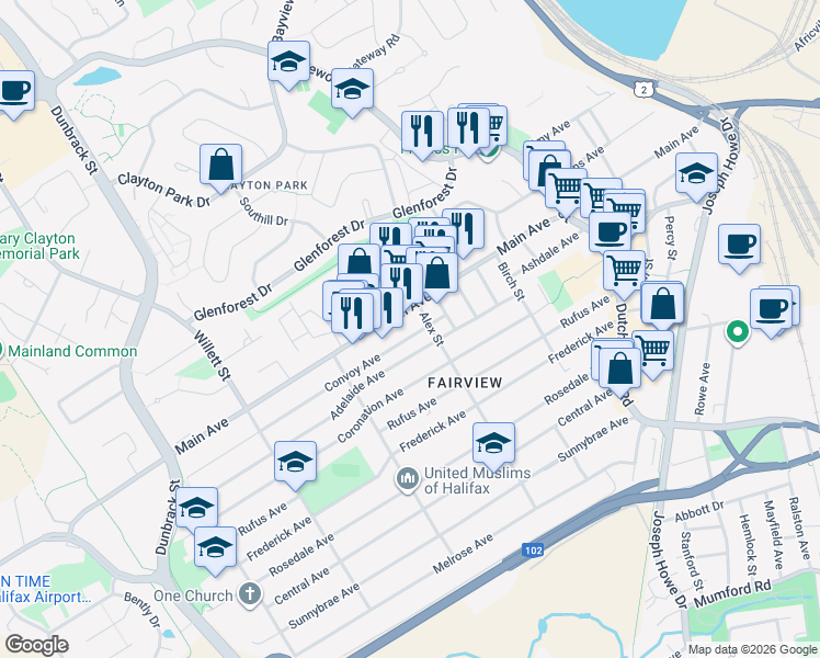 map of restaurants, bars, coffee shops, grocery stores, and more near 13 Convoy Avenue in Halifax
