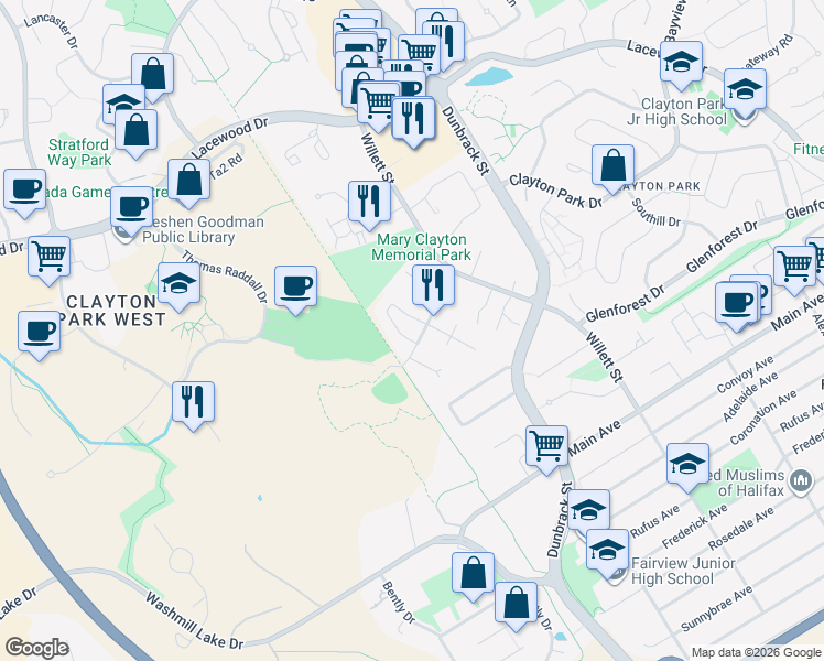 map of restaurants, bars, coffee shops, grocery stores, and more near 108 Westgrove Place in Halifax