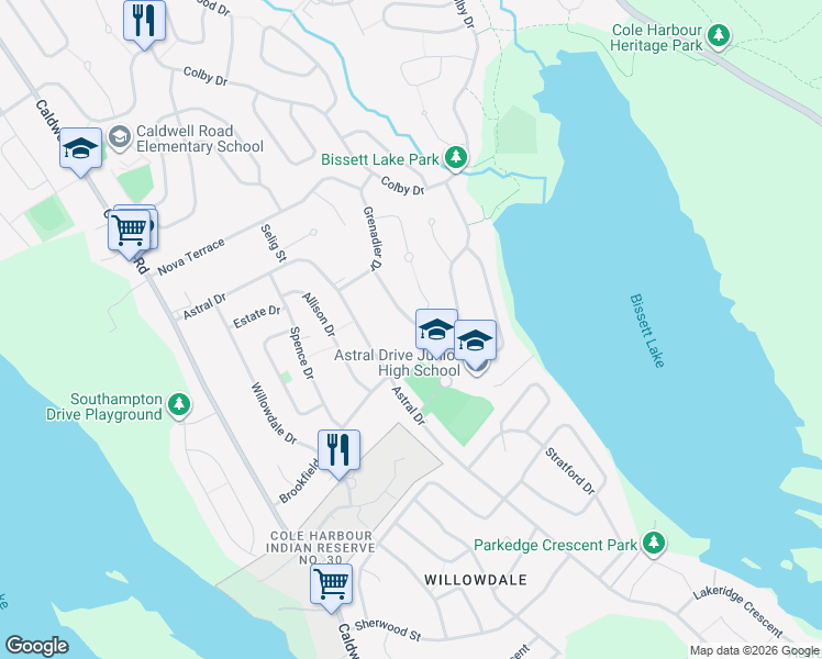 map of restaurants, bars, coffee shops, grocery stores, and more near 45 Greenwich Drive in Dartmouth