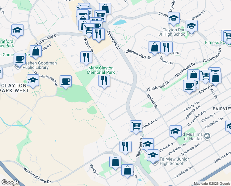 map of restaurants, bars, coffee shops, grocery stores, and more near 34 Chelsea Lane in Halifax