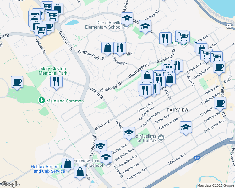 map of restaurants, bars, coffee shops, grocery stores, and more near 9 Sybyl Court in Halifax