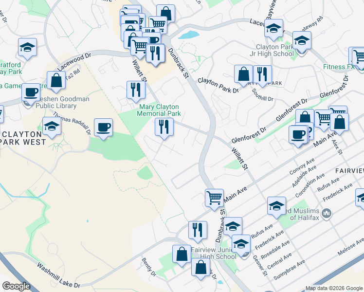 map of restaurants, bars, coffee shops, grocery stores, and more near 34 Chelsea Lane in Halifax
