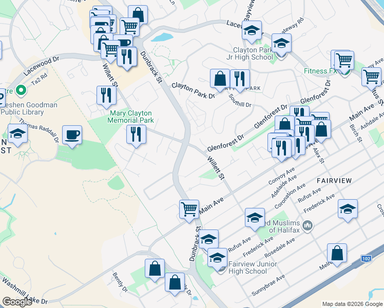 map of restaurants, bars, coffee shops, grocery stores, and more near 187 Willett Street in Halifax