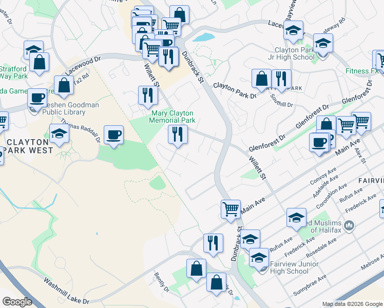 map of restaurants, bars, coffee shops, grocery stores, and more near 23 Covington Way in Halifax