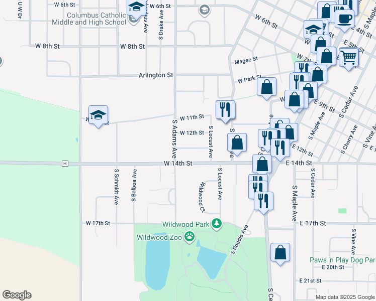 map of restaurants, bars, coffee shops, grocery stores, and more near 600 West 13th Street in Marshfield