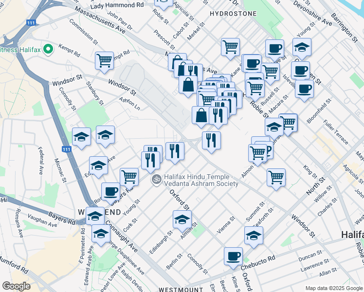map of restaurants, bars, coffee shops, grocery stores, and more near 6286 Bayers Road in Halifax