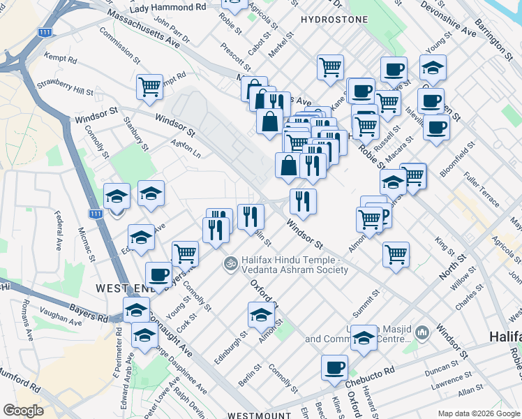 map of restaurants, bars, coffee shops, grocery stores, and more near 6286 Bayers Road in Halifax