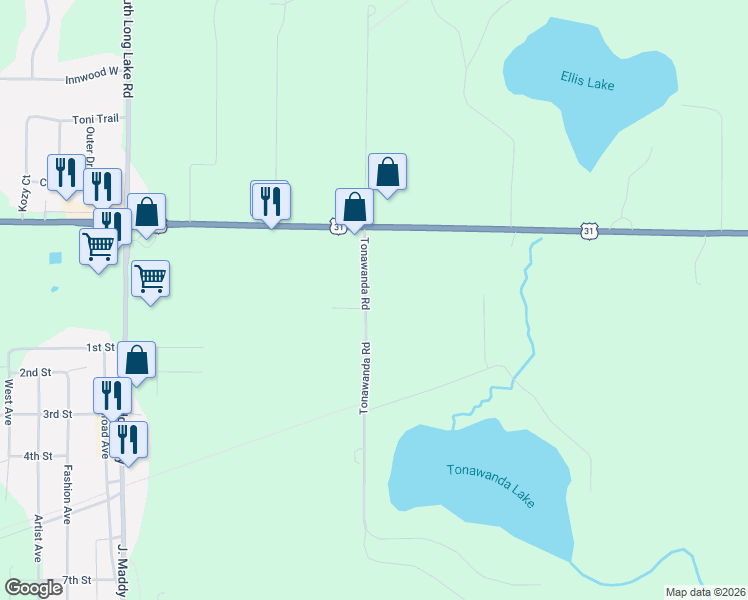 map of restaurants, bars, coffee shops, grocery stores, and more near 2165 Tonawanda Lake Road in Grawn