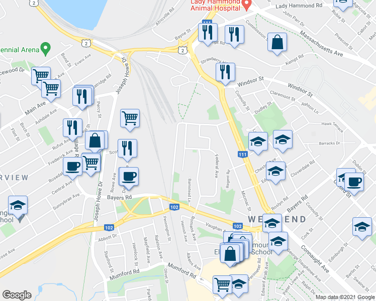 map of restaurants, bars, coffee shops, grocery stores, and more near 3421 Federal Avenue in Halifax