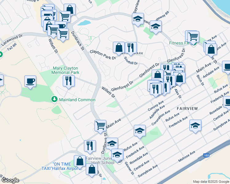 map of restaurants, bars, coffee shops, grocery stores, and more near 210 Glenforest Drive in Halifax